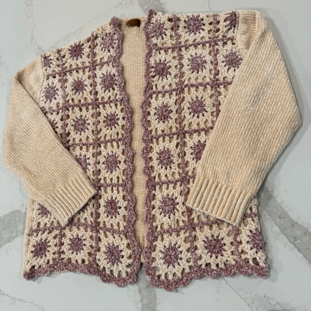 POL Chenille Granny Square Crochet Knit Cardigan Sweater Women’s Medium Vanilla - Picture 2 of 5